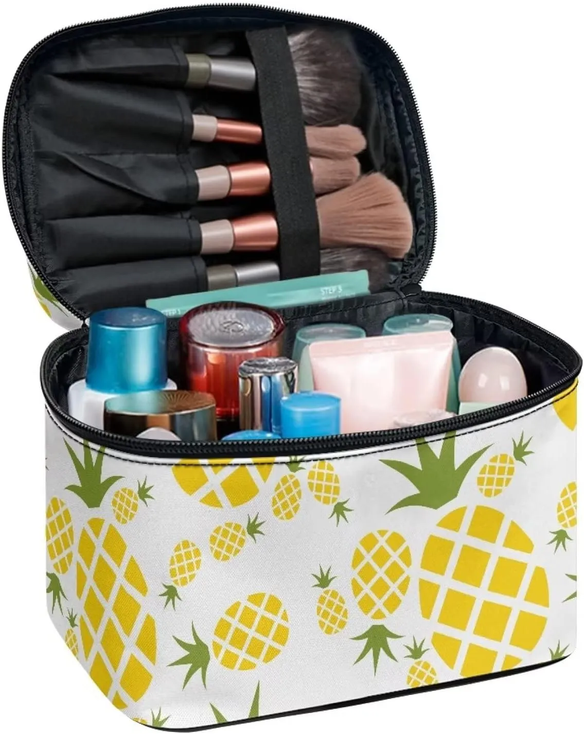 JEOCODY Pineapple Print Makeup Bag Portable Cosmetic Bag Portable Travel Makeup Train Case with Handle for Cosmetics Makeup Brushes, Girls, Women, Friends Gifts