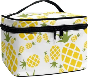 JEOCODY Pineapple Print Makeup Bag Portable Cosmetic Bag Portable Travel Makeup Train Case with Handle for Cosmetics Makeup Brushes, Girls, Women, Friends Gifts