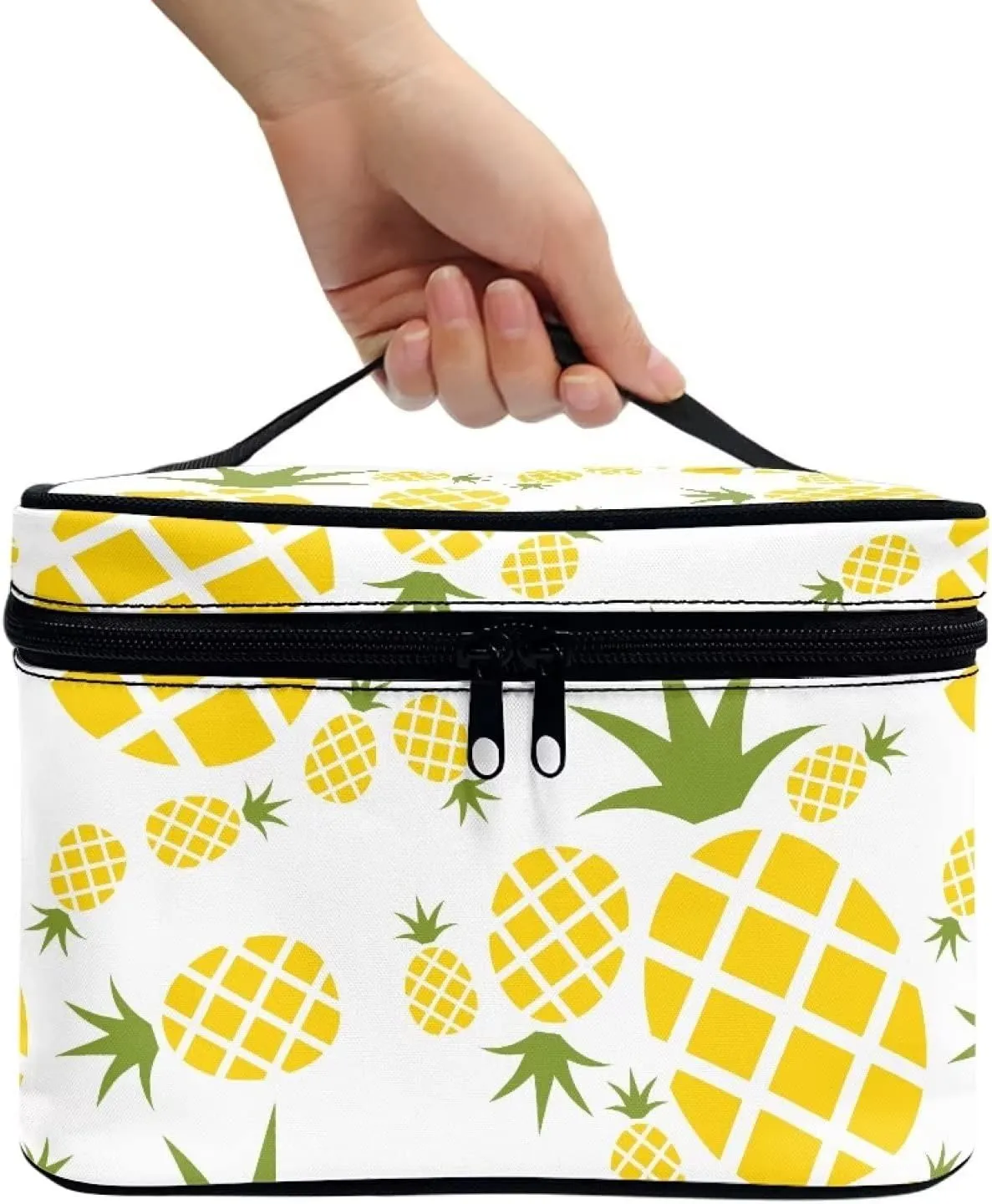 JEOCODY Pineapple Print Makeup Bag Portable Cosmetic Bag Portable Travel Makeup Train Case with Handle for Cosmetics Makeup Brushes, Girls, Women, Friends Gifts