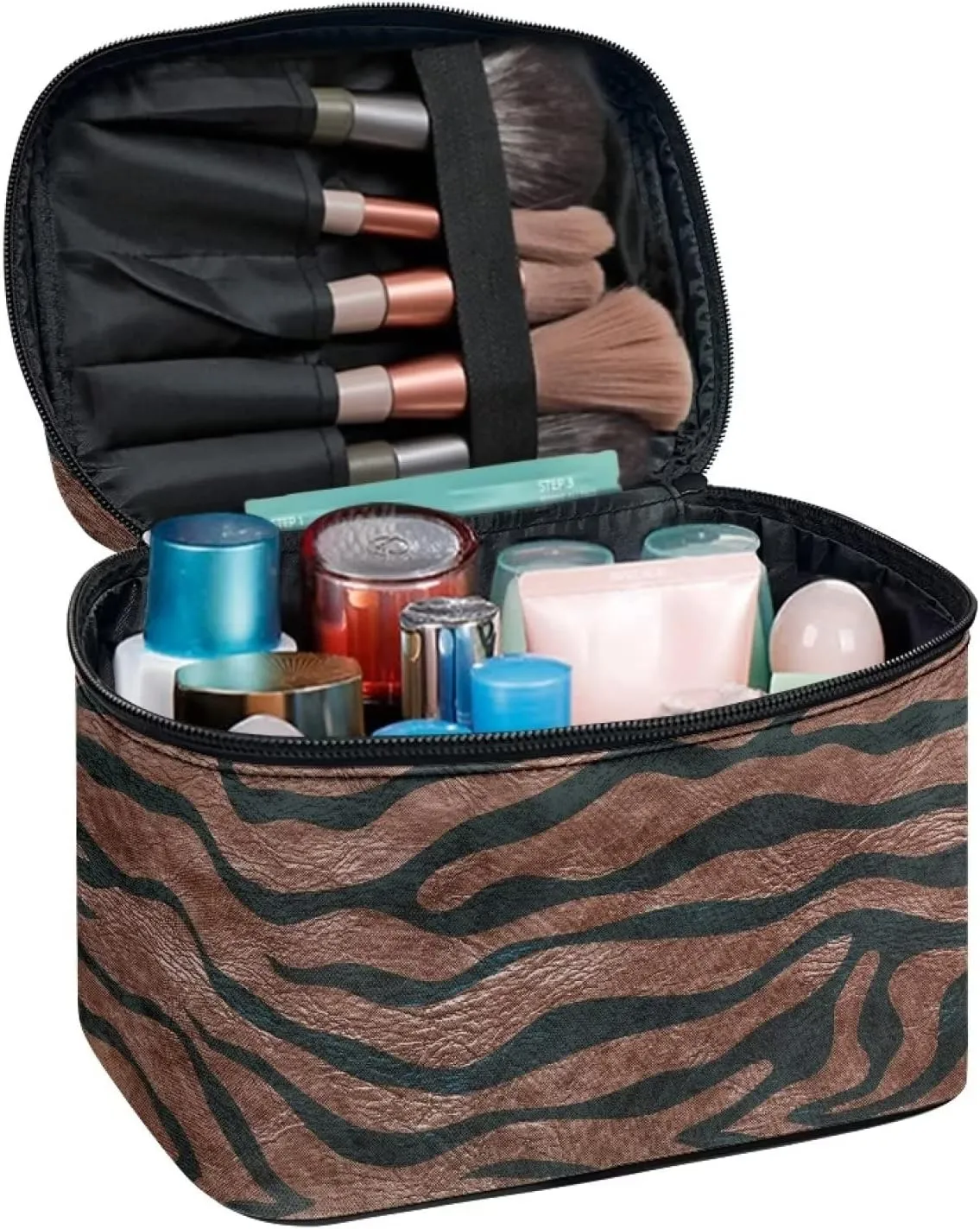 JEOCODY Travel Makeup Train Case Makeup Cosmetic Case Organizer Brown Zebra Print Makeup Bags for Women Cosmetic Bag Portable Travel Case Waterproof and Durable