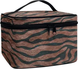 JEOCODY Travel Makeup Train Case Makeup Cosmetic Case Organizer Brown Zebra Print Makeup Bags for Women Cosmetic Bag Portable Travel Case Waterproof and Durable