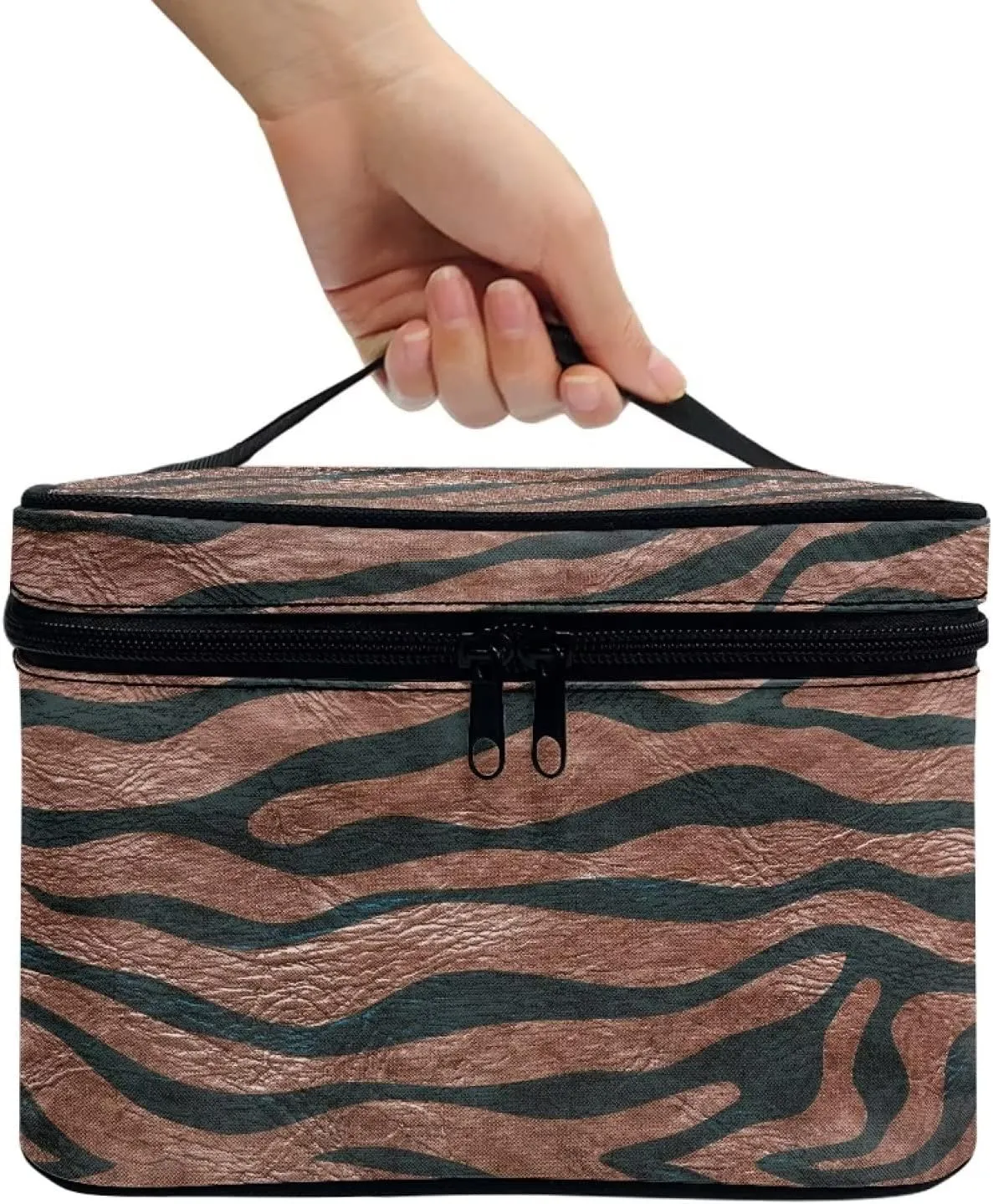 JEOCODY Travel Makeup Train Case Makeup Cosmetic Case Organizer Brown Zebra Print Makeup Bags for Women Cosmetic Bag Portable Travel Case Waterproof and Durable