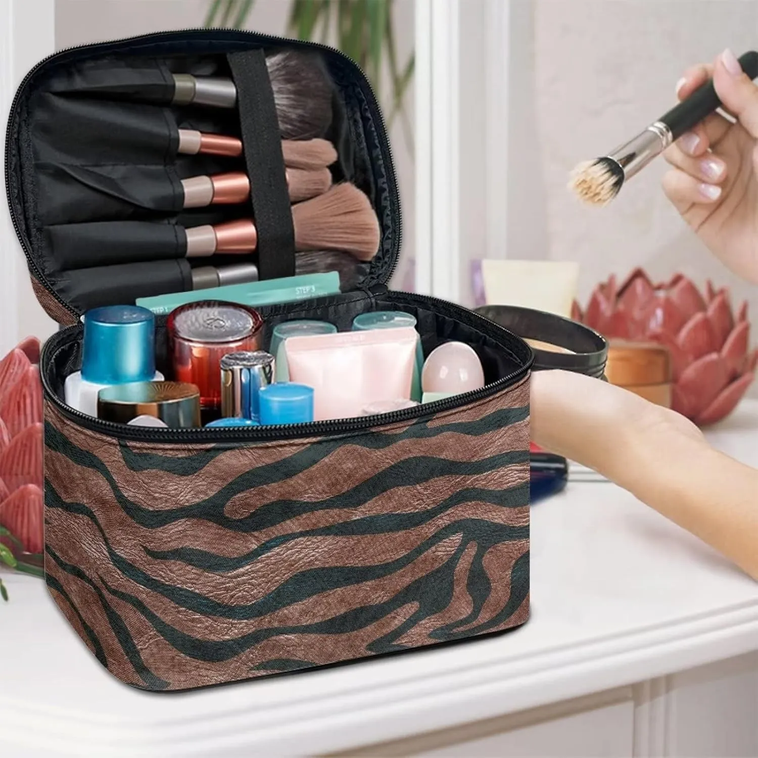 JEOCODY Travel Makeup Train Case Makeup Cosmetic Case Organizer Brown Zebra Print Makeup Bags for Women Cosmetic Bag Portable Travel Case Waterproof and Durable