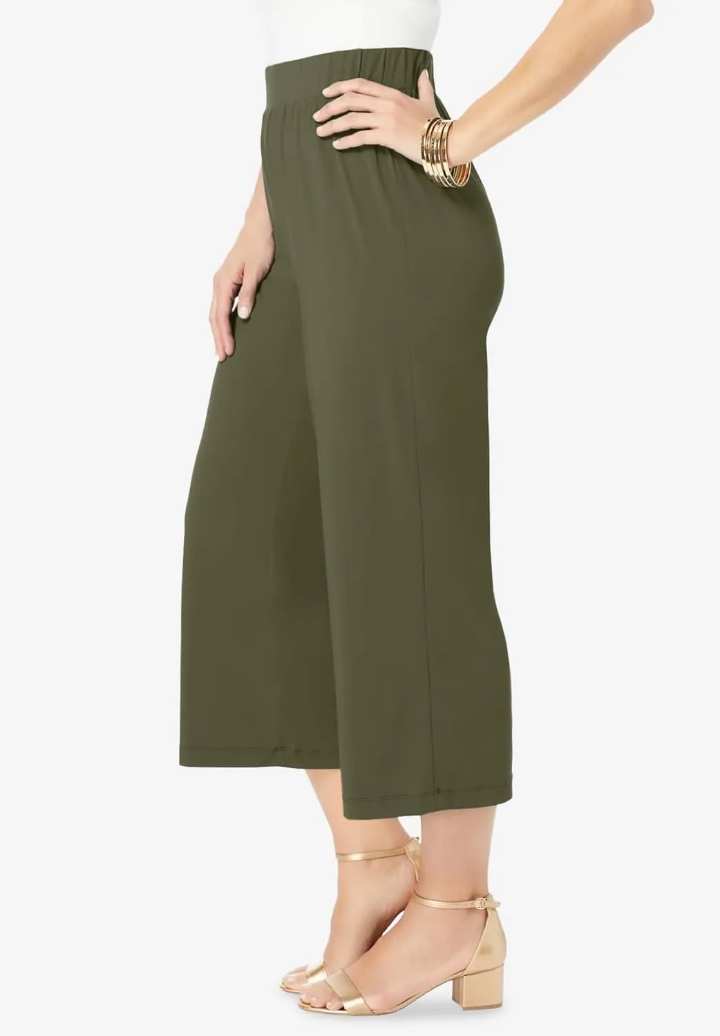 Jessica London Women's Plus Size Stretch Knit Wide Leg Crop Pant
