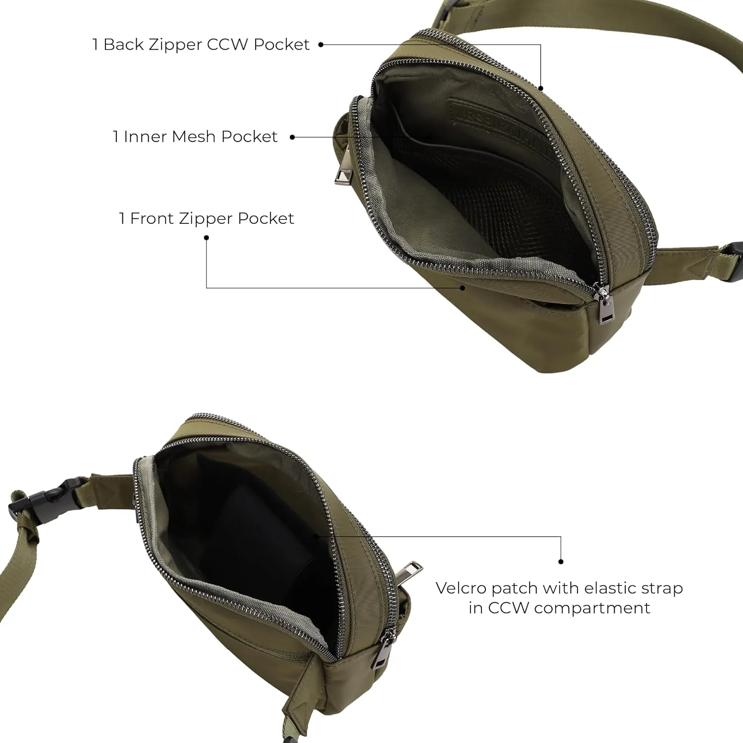 Jessie & James Crossbody Nylon Concealed Carry Waist Pack with Adjustable Buckle Strap Fashion Multi Pocket Belt Bag for| Olive