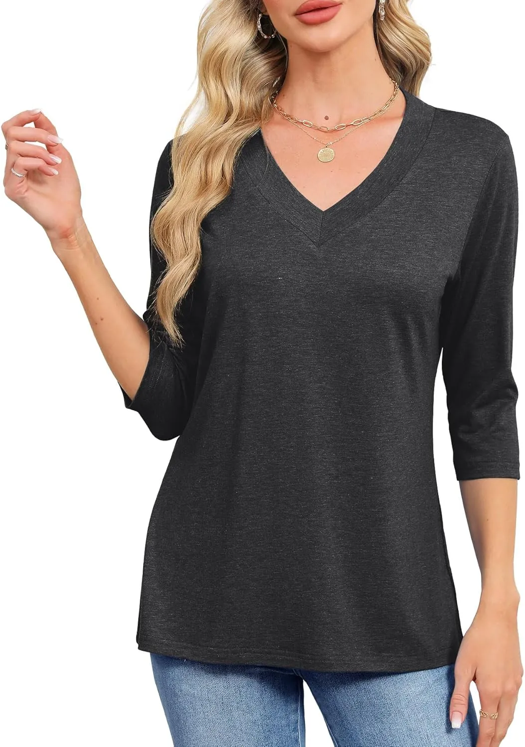 JomeDesign Womens Tops 3/4 Length Sleeve Summer V Neck Shirts Casual Tunic Tops 2025