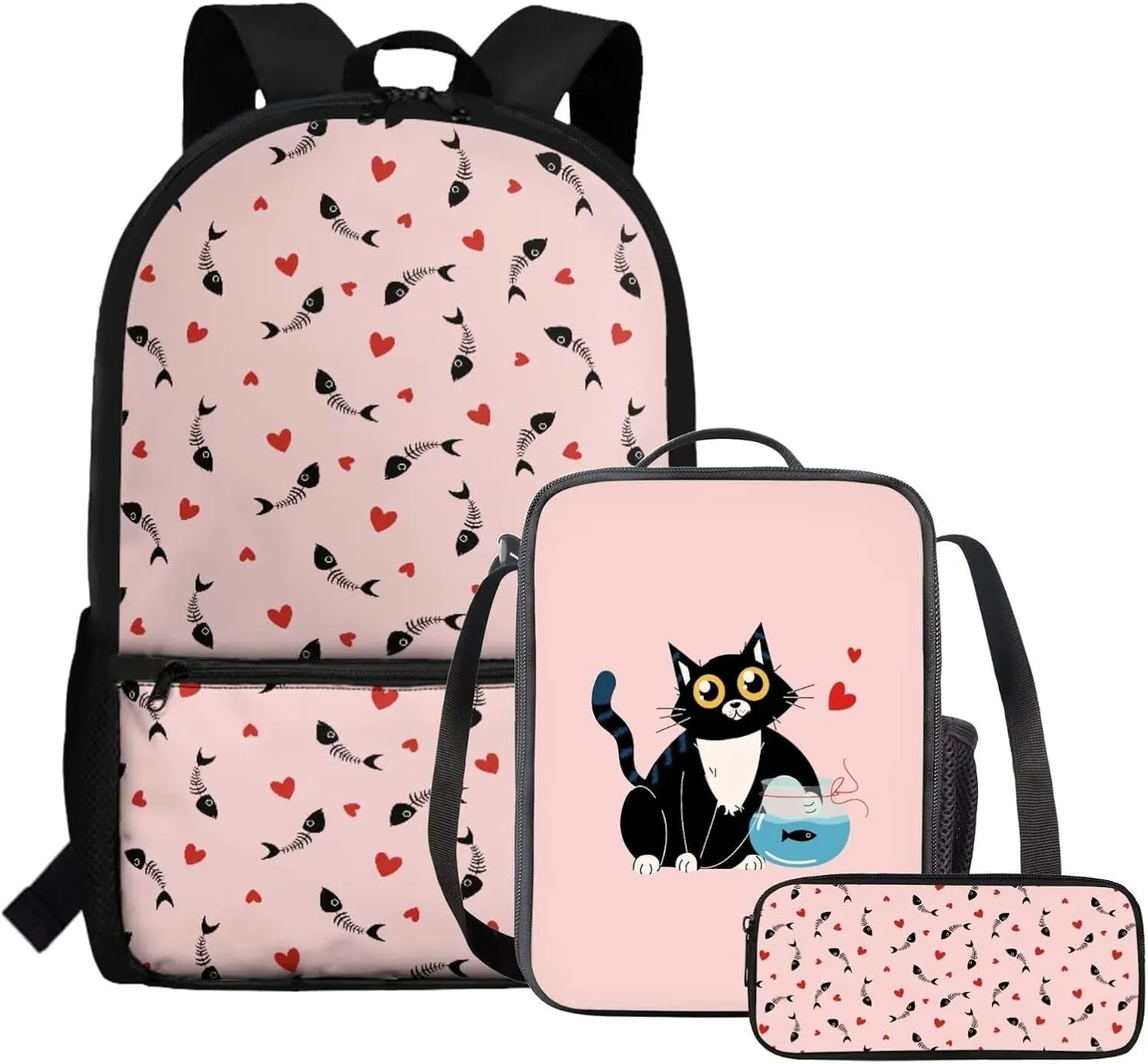 JoyLamoria Cat Fish Print Shoulder Bag Casual Pencil Bag Large Capacity Ice Packs Tote Bag Lunch Case for Boys Girls