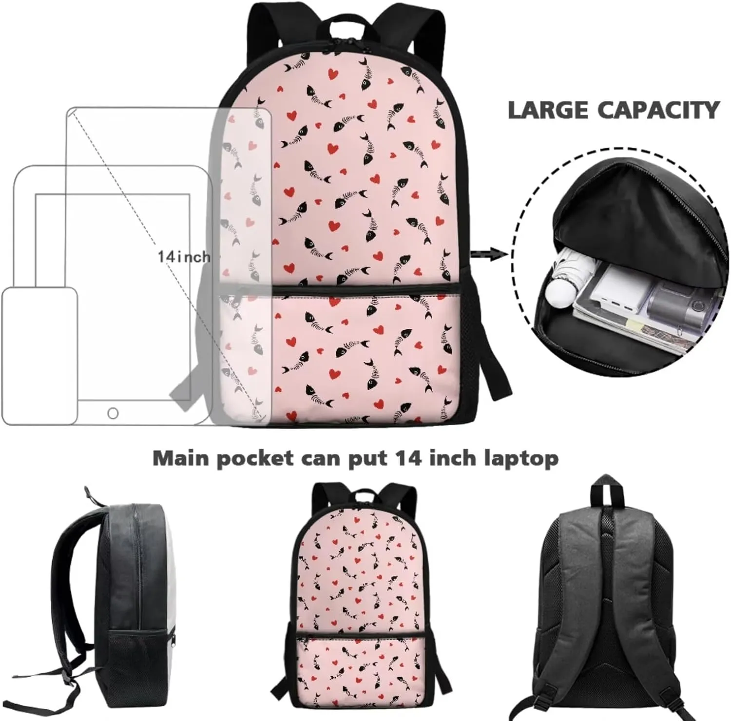 JoyLamoria Cat Fish Print Shoulder Bag Casual Pencil Bag Large Capacity Ice Packs Tote Bag Lunch Case for Boys Girls
