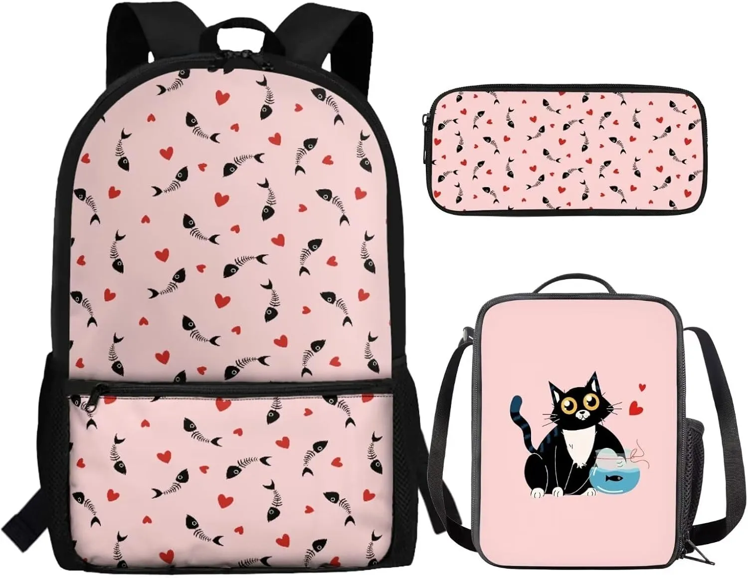 JoyLamoria Cat Fish Print Shoulder Bag Casual Pencil Bag Large Capacity Ice Packs Tote Bag Lunch Case for Boys Girls