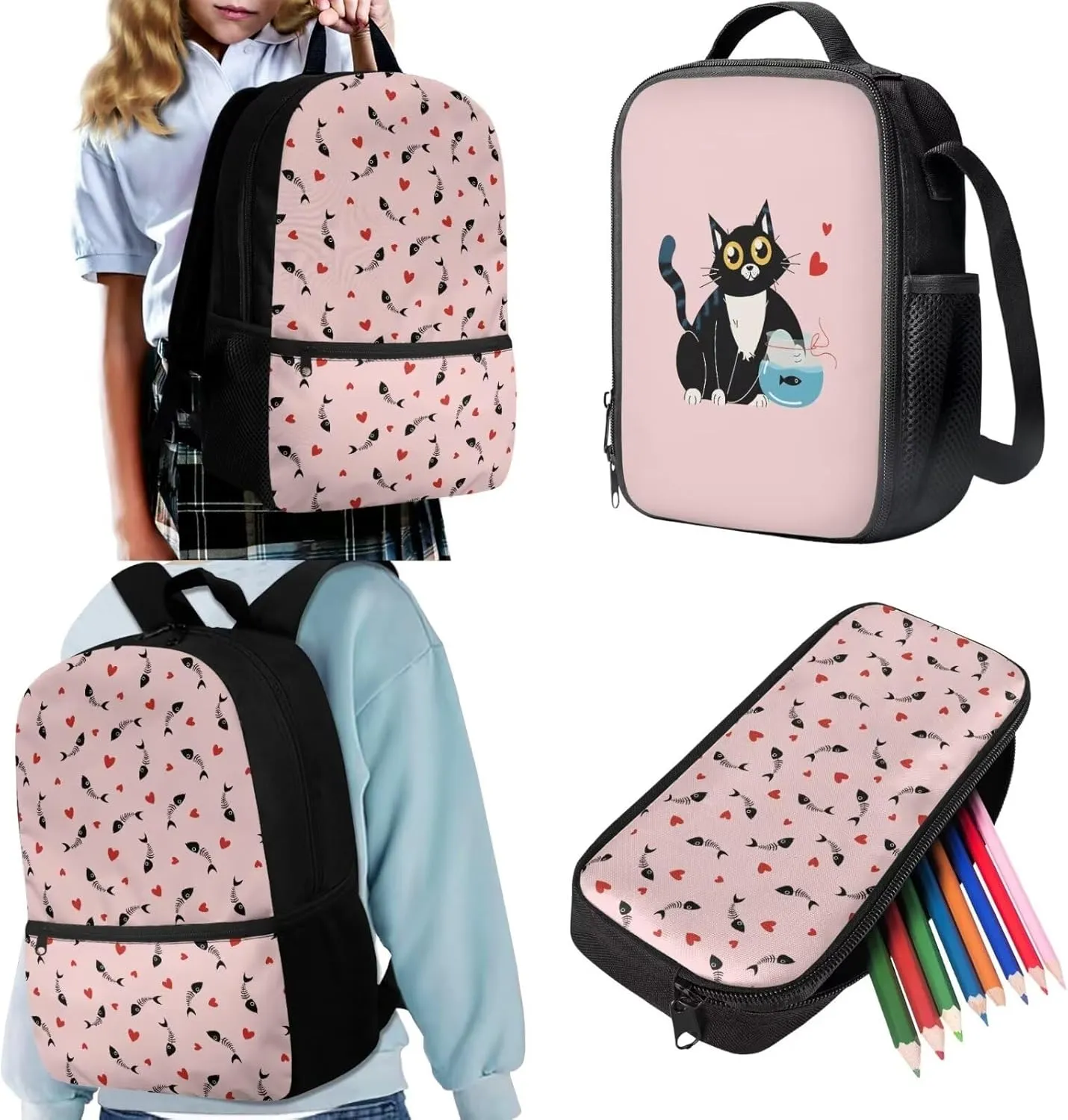 JoyLamoria Cat Fish Print Shoulder Bag Casual Pencil Bag Large Capacity Ice Packs Tote Bag Lunch Case for Boys Girls