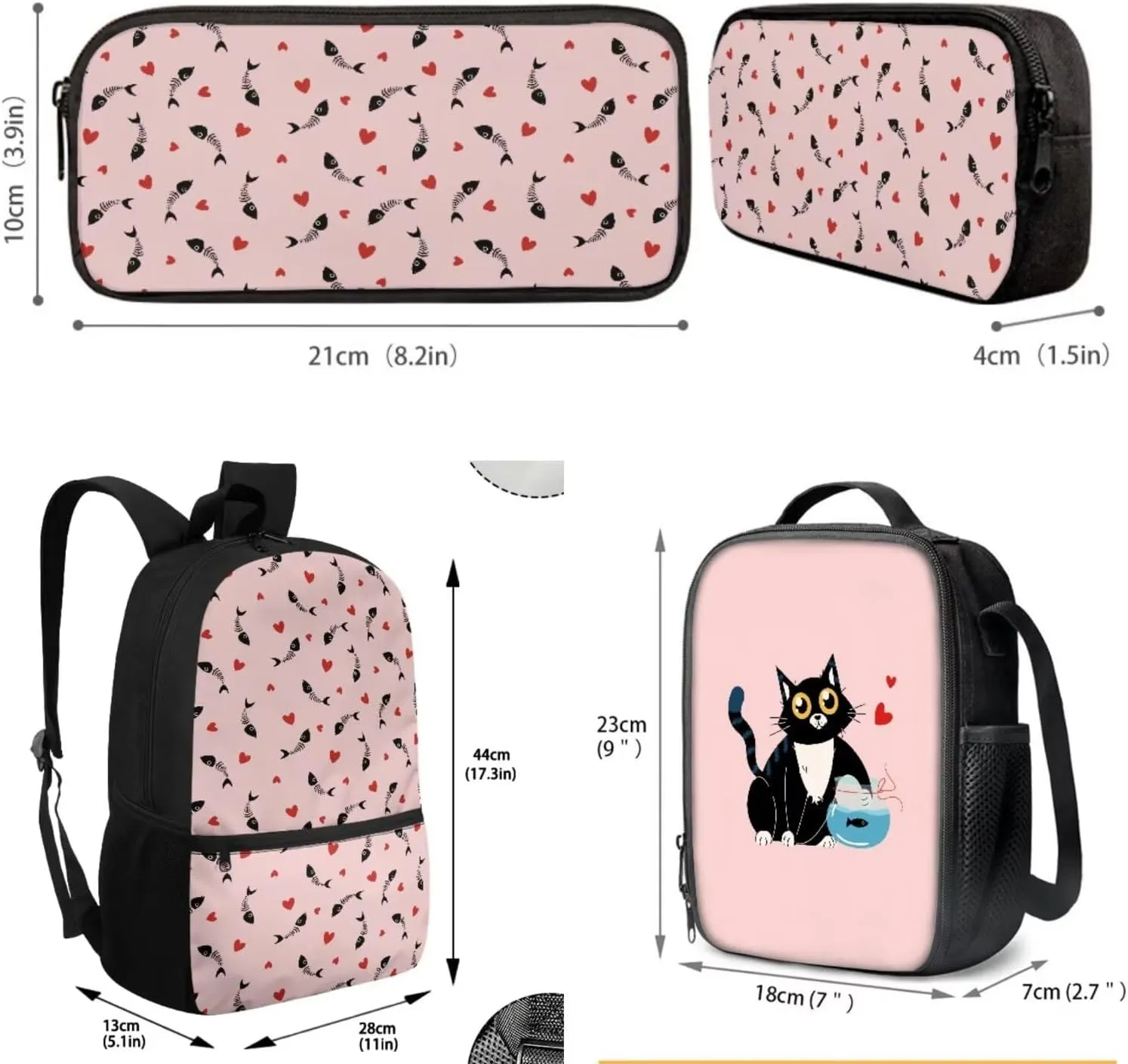JoyLamoria Cat Fish Print Shoulder Bag Casual Pencil Bag Large Capacity Ice Packs Tote Bag Lunch Case for Boys Girls