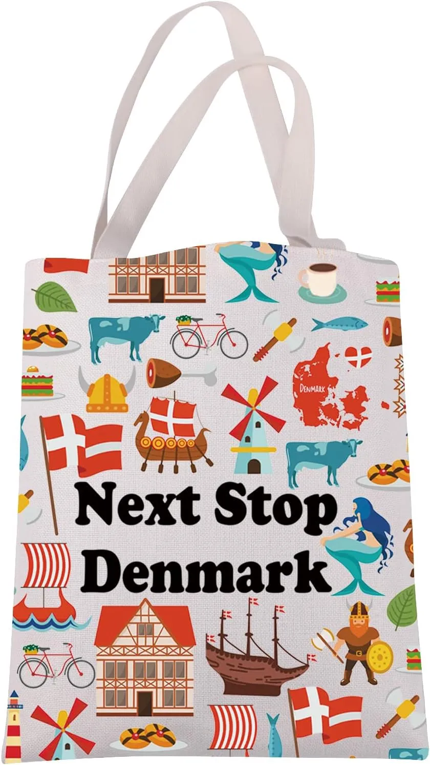 JXGZSO Denmark Travel Gift Next Stop Denmark Tote Canvas Bag Traveler Gift Denmark Vacation Handbag Danish landmark Trip Gift