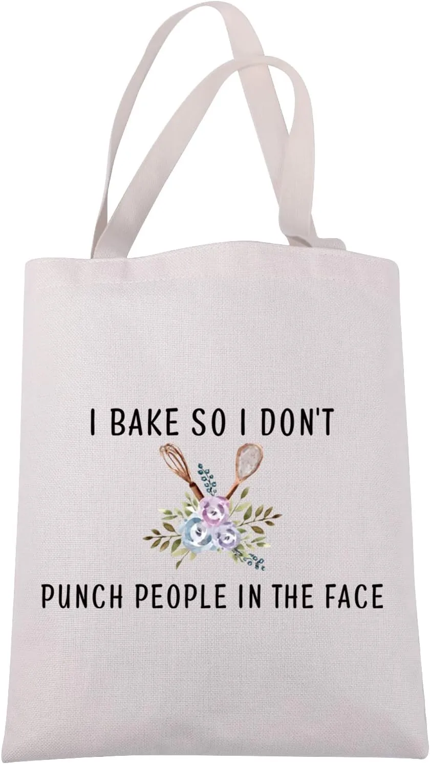 JXGZSO Funny Chef Tote Canvas Bag I Bake So I Don't Punch People In The Face Cooking Shoulder Bag Cooking Lover Gift