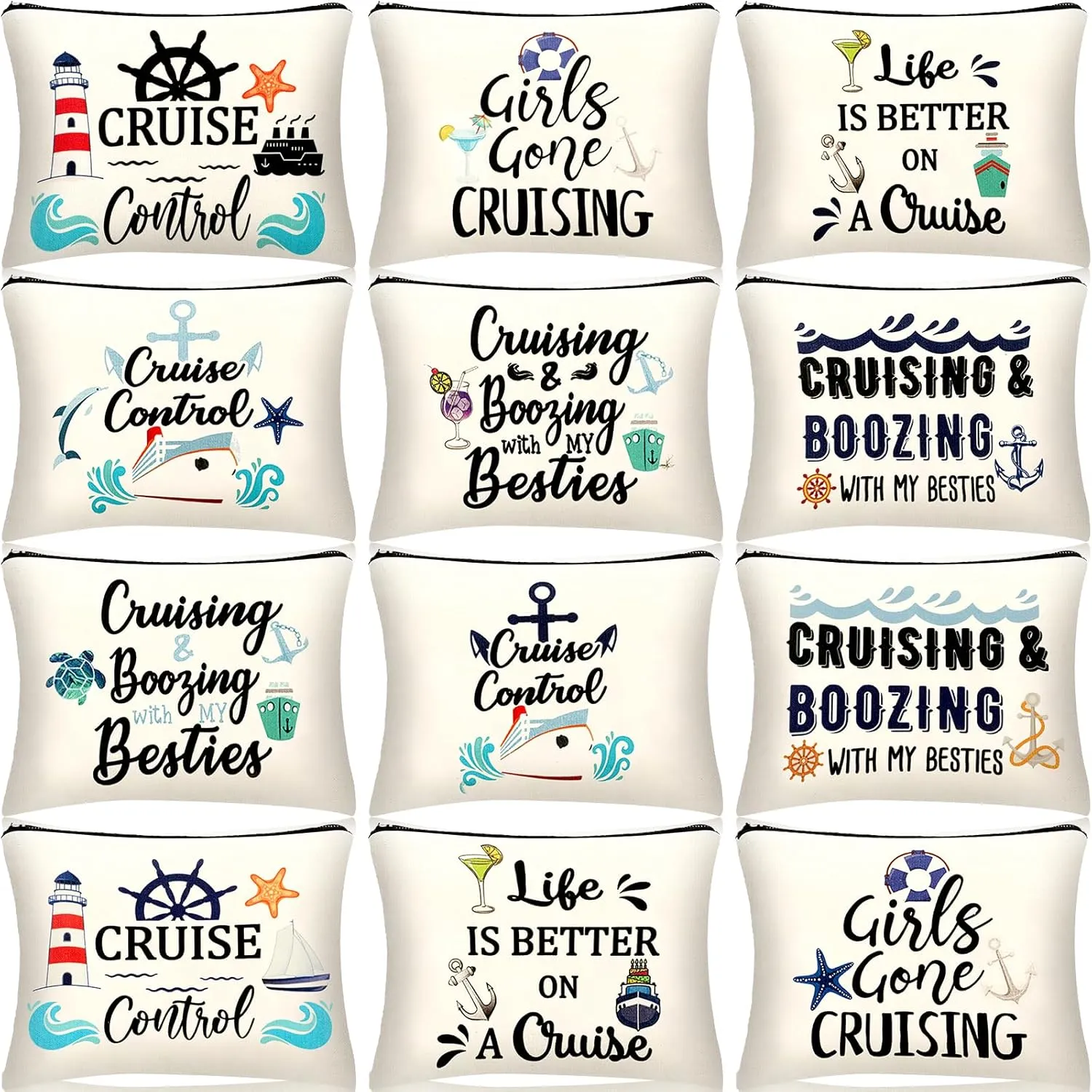 Kajaia 12 Pcs Cruise bags for Women Cruise Survival Kit Cosmetic Makeup Bags Travel Organizer Zipper Pouch Accessories for Women Cruising Lovers