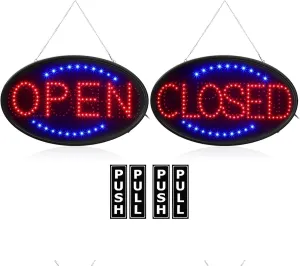 Kanayu 3 Pcs Closed Open LED Neon Sign and Push Pull Stickers Sign Set 23 x 14 Open Closed Electronic Advertisement Display 5 x 2 Vinyl Push Pull Vertical Decal Self Adhesive for Shop Bar Hotel