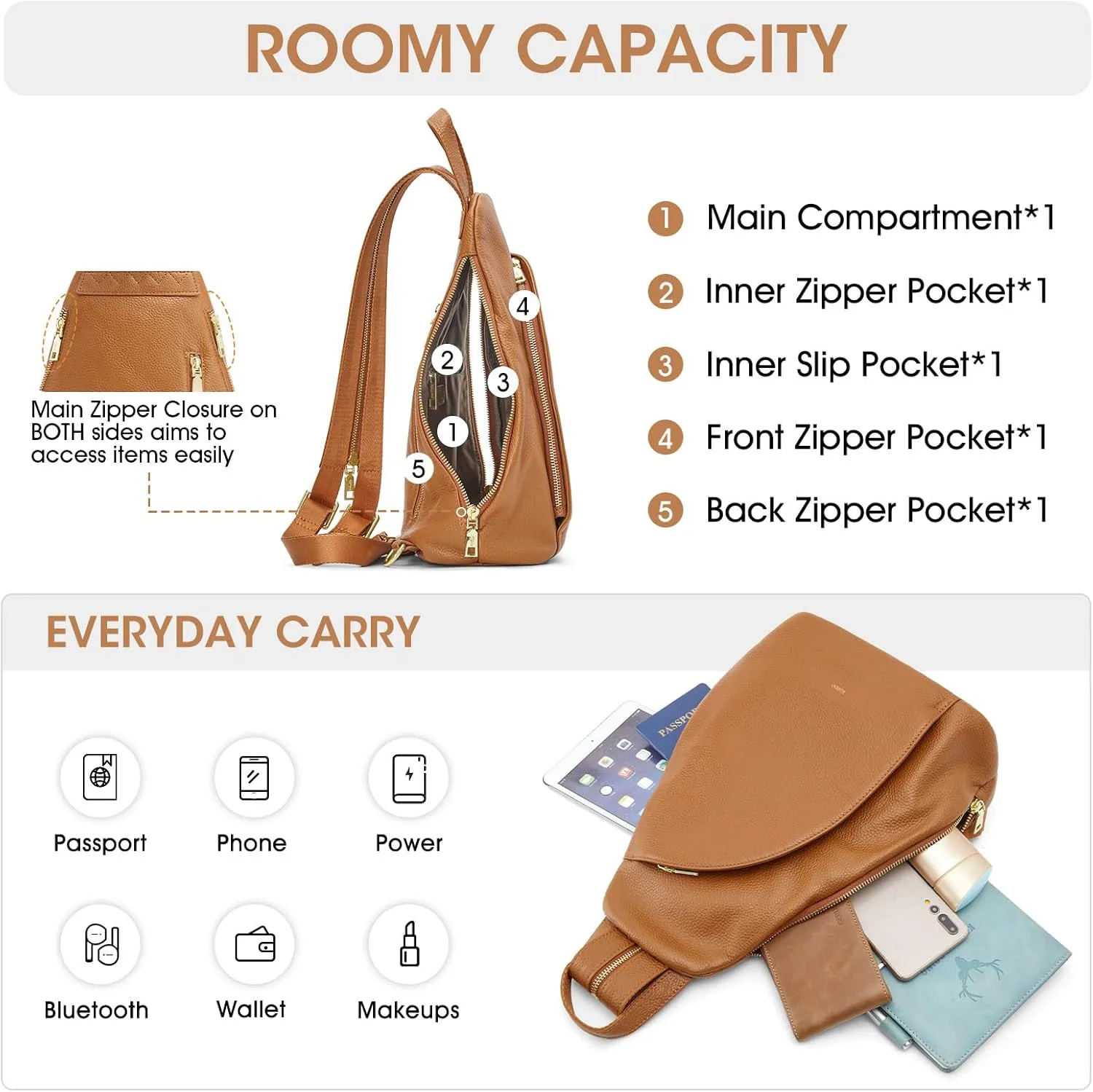 Kattee Sling Bag for Women Crossbody Fanny Packs Chest Bag Top Grain Leather Daypack Backpack RFID Blocking Travel