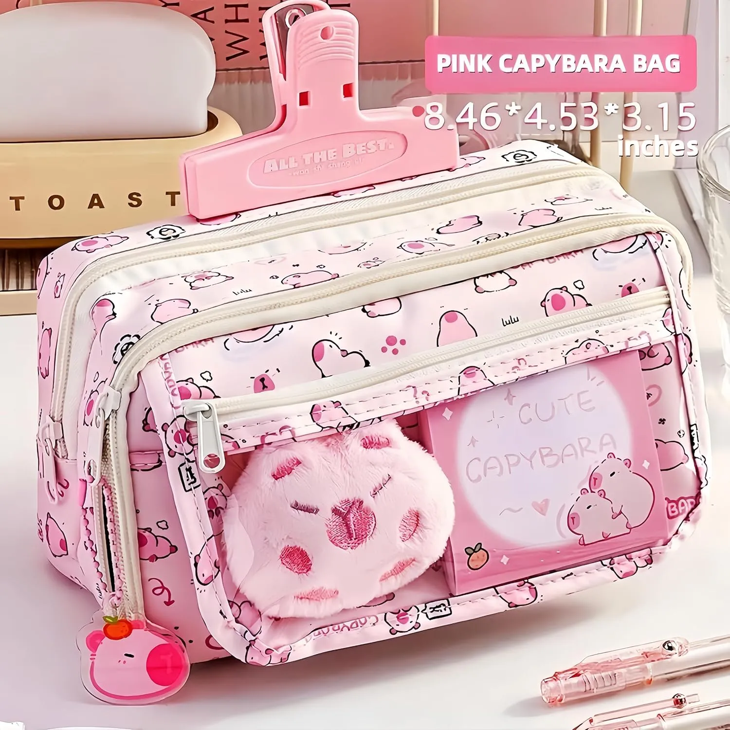 Kawaii Capybara Makeup Bag Kit, Plush Doll 20 Stickers 2 Brooches Sticky Notes Pendant, 9-Layer Large-Capacity Pencil Case (Pink Print)