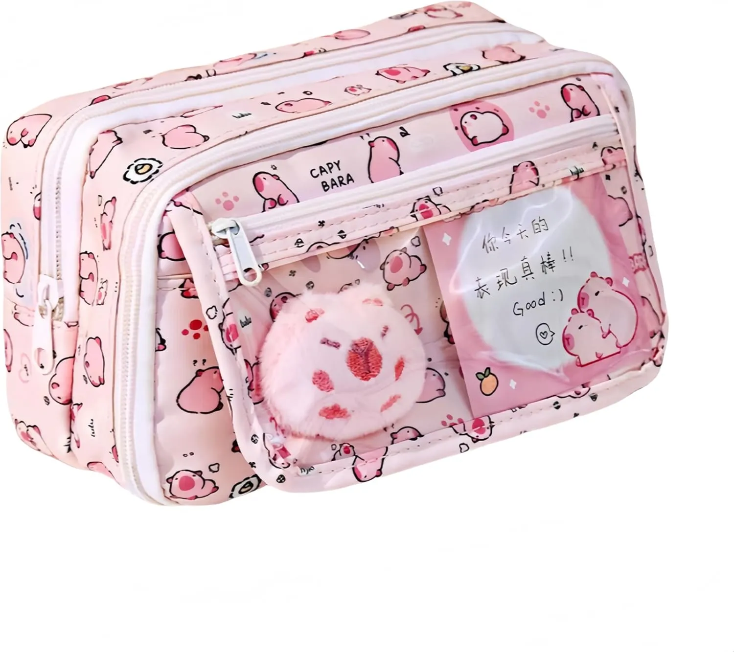 Kawaii Capybara Makeup Bag Kit, Plush Doll 20 Stickers 2 Brooches Sticky Notes Pendant, 9-Layer Large-Capacity Pencil Case (Pink Print)
