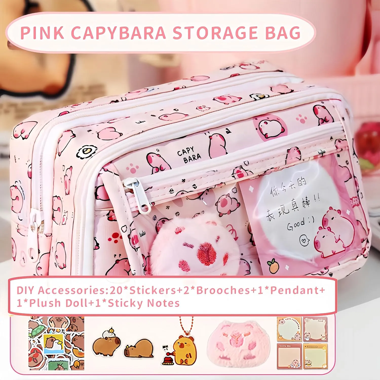 Kawaii Capybara Makeup Bag Kit, Plush Doll 20 Stickers 2 Brooches Sticky Notes Pendant, 9-Layer Large-Capacity Pencil Case (Pink Print)
