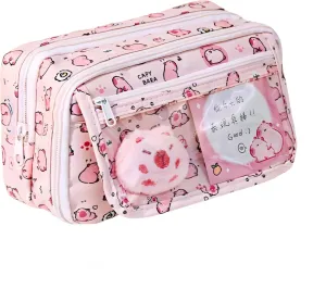 Kawaii Capybara Makeup Bag Kit, Plush Doll 20 Stickers 2 Brooches Sticky Notes Pendant, 9-Layer Large-Capacity Pencil Case (Pink Print)