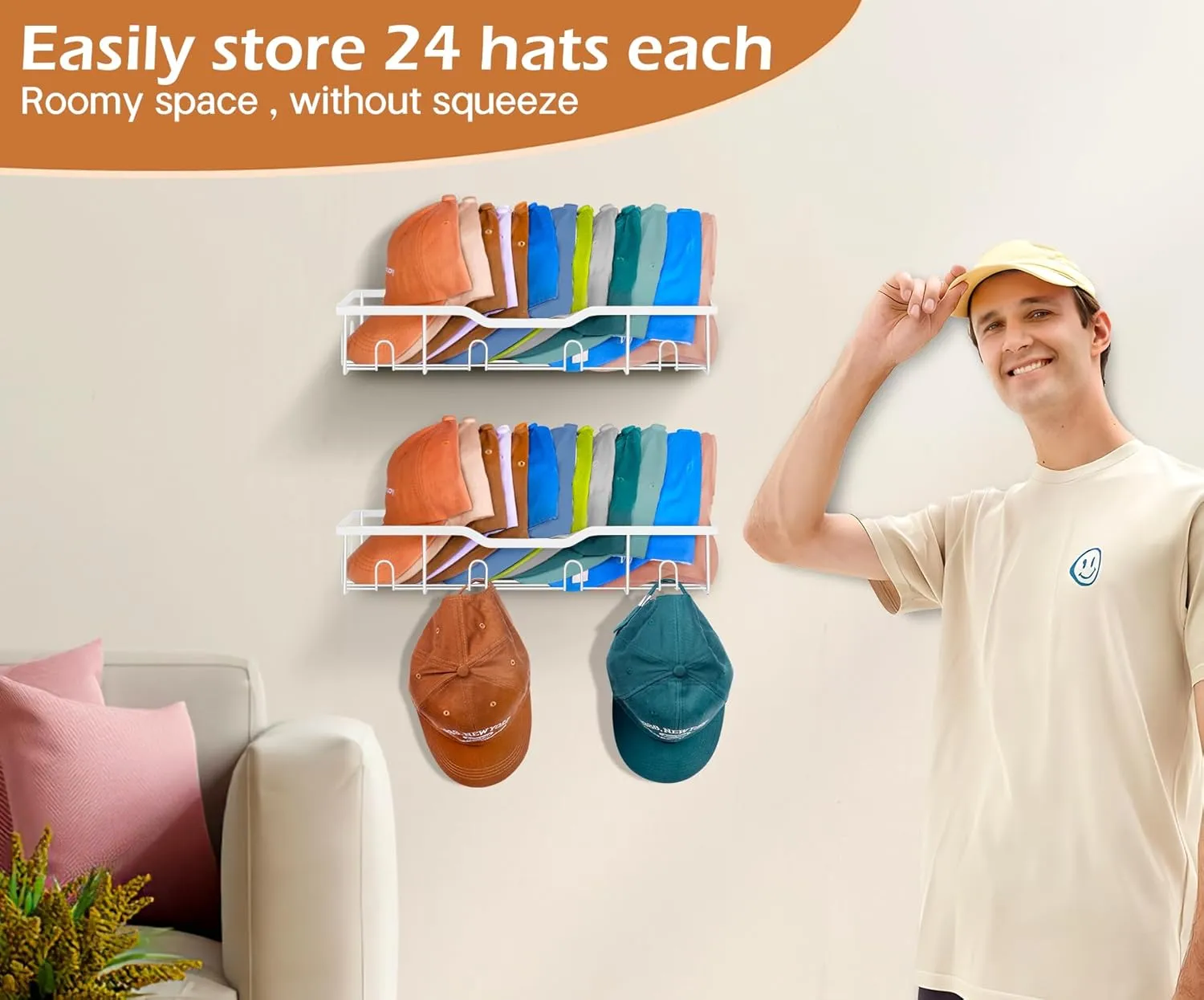 KEETDY Metal Hat Racks for Baseball Caps Wall Hat Organizer Fit 20 Caps Holder, 2 Packs Sturdy Wall Mounted Hat Storage Organizer, White