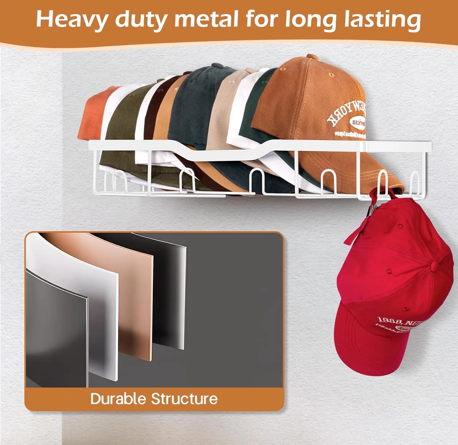 KEETDY Metal Hat Racks for Baseball Caps Wall Hat Organizer Fit 20 Caps Holder, 2 Packs Sturdy Wall Mounted Hat Storage Organizer, White
