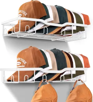 KEETDY Metal Hat Racks for Baseball Caps Wall Hat Organizer Fit 20 Caps Holder, 2 Packs Sturdy Wall Mounted Hat Storage Organizer, White