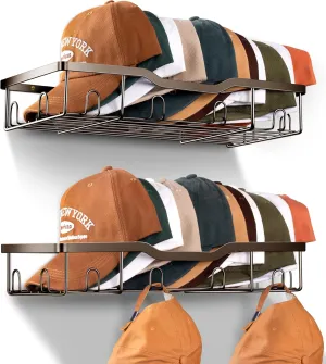 KEETDY Metal Hat Racks for Wall Baseball Cap Organizer Fit 20 Caps Holder, 2 Packs Sturdy Wall Mounted Hat Storage Organizer, Brown