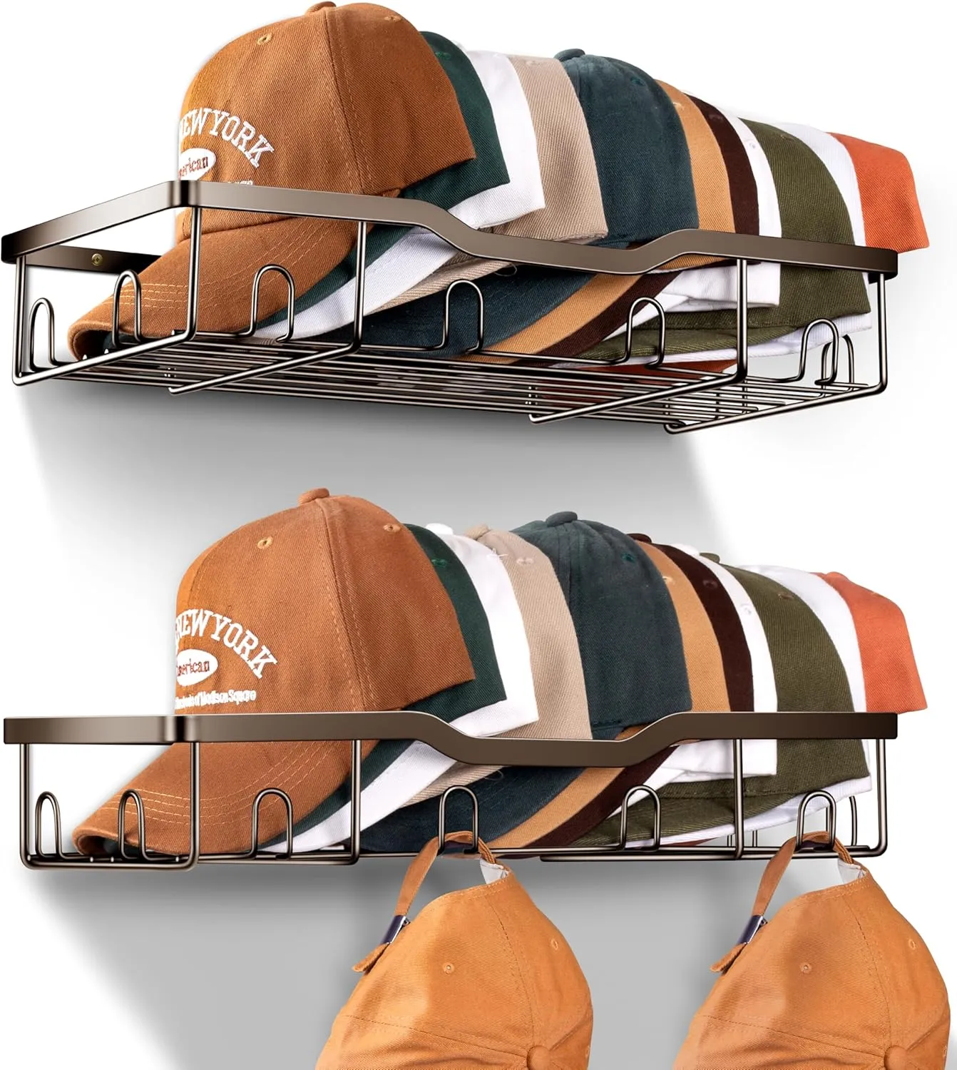 KEETDY Metal Hat Racks for Wall Baseball Cap Organizer Fit 20 Caps Holder, 2 Packs Sturdy Wall Mounted Hat Storage Organizer, Brown