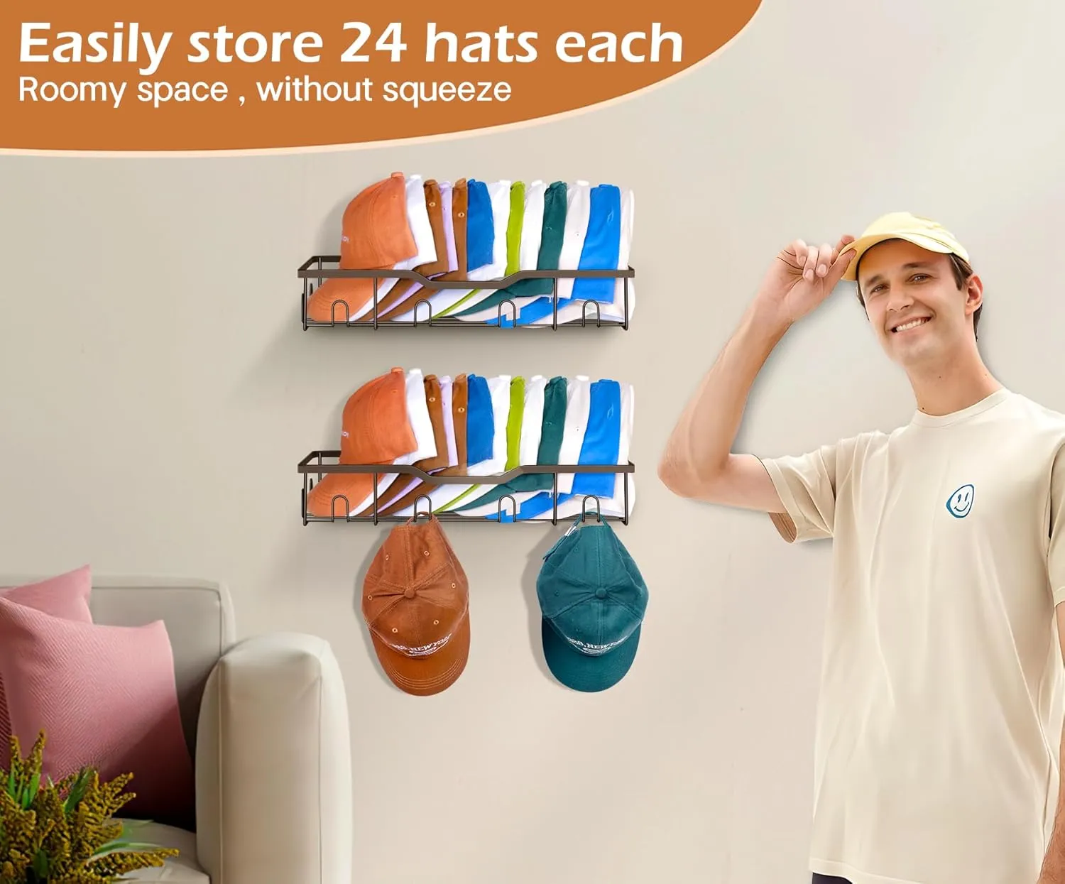 KEETDY Metal Hat Racks for Wall Baseball Cap Organizer Fit 20 Caps Holder, 2 Packs Sturdy Wall Mounted Hat Storage Organizer, Brown