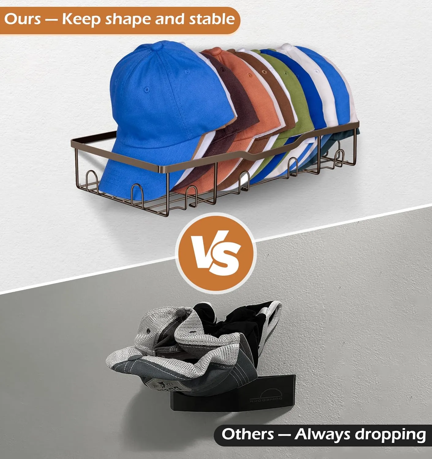 KEETDY Metal Hat Racks for Wall Baseball Cap Organizer Fit 20 Caps Holder, 2 Packs Sturdy Wall Mounted Hat Storage Organizer, Brown