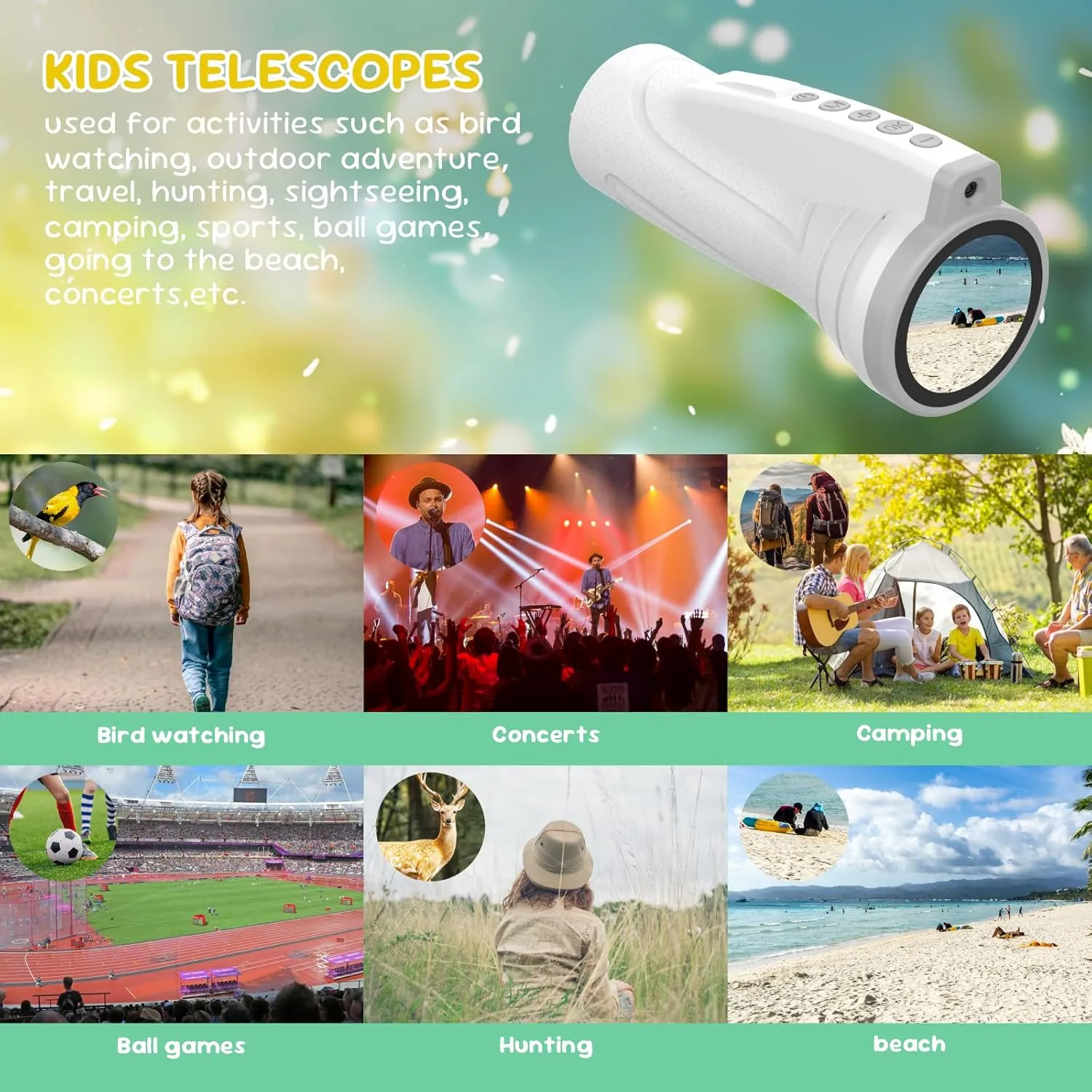 Kids Monocular for Bird Watching & Astronomy - Digital Telescope with Self-Timer, Boys Girls Camping Outdoor Exploration (White)
