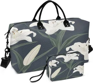 Kigai Beautiful White Lilies Travel Duffel Bags 2PCS,Sports Duffel Bags for Men Women,Weekender Overnight Bag Gym Tote Bag with Toiletry Bag