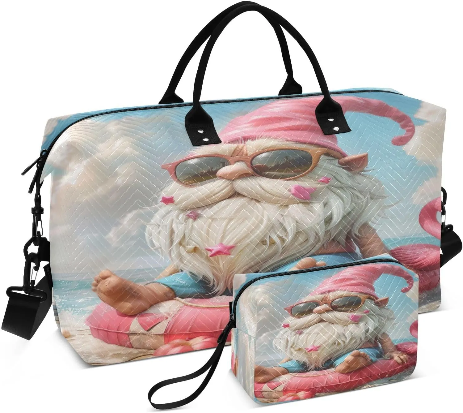 Kigai Foldable Travel Duffel Bags,Dwarf Old Man and Flamingo Sports Duffel Bags for Men Women,Weekender Overnight Bag Gym Tote Bag with Toiletry Bag