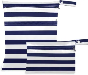 Kigai Navy Blue Stripes Wet Dry Bags 2 Pack, Waterproof Reusable Baby Cloth Diaper Wet Dry Bag with Zipper Pocket for Travel, Beach, Stroller, Gym Dirty Clothes, Wet Swimsuits