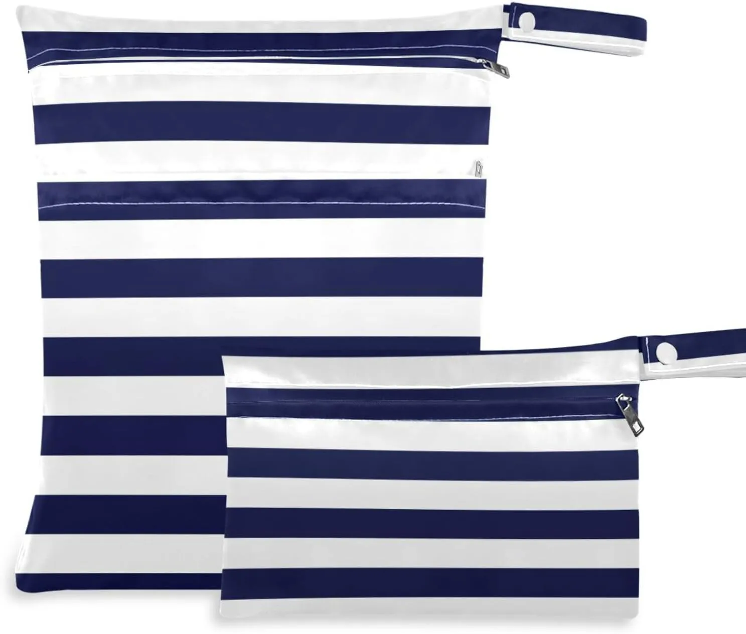 Kigai Navy Blue Stripes Wet Dry Bags 2 Pack, Waterproof Reusable Baby Cloth Diaper Wet Dry Bag with Zipper Pocket for Travel, Beach, Stroller, Gym Dirty Clothes, Wet Swimsuits