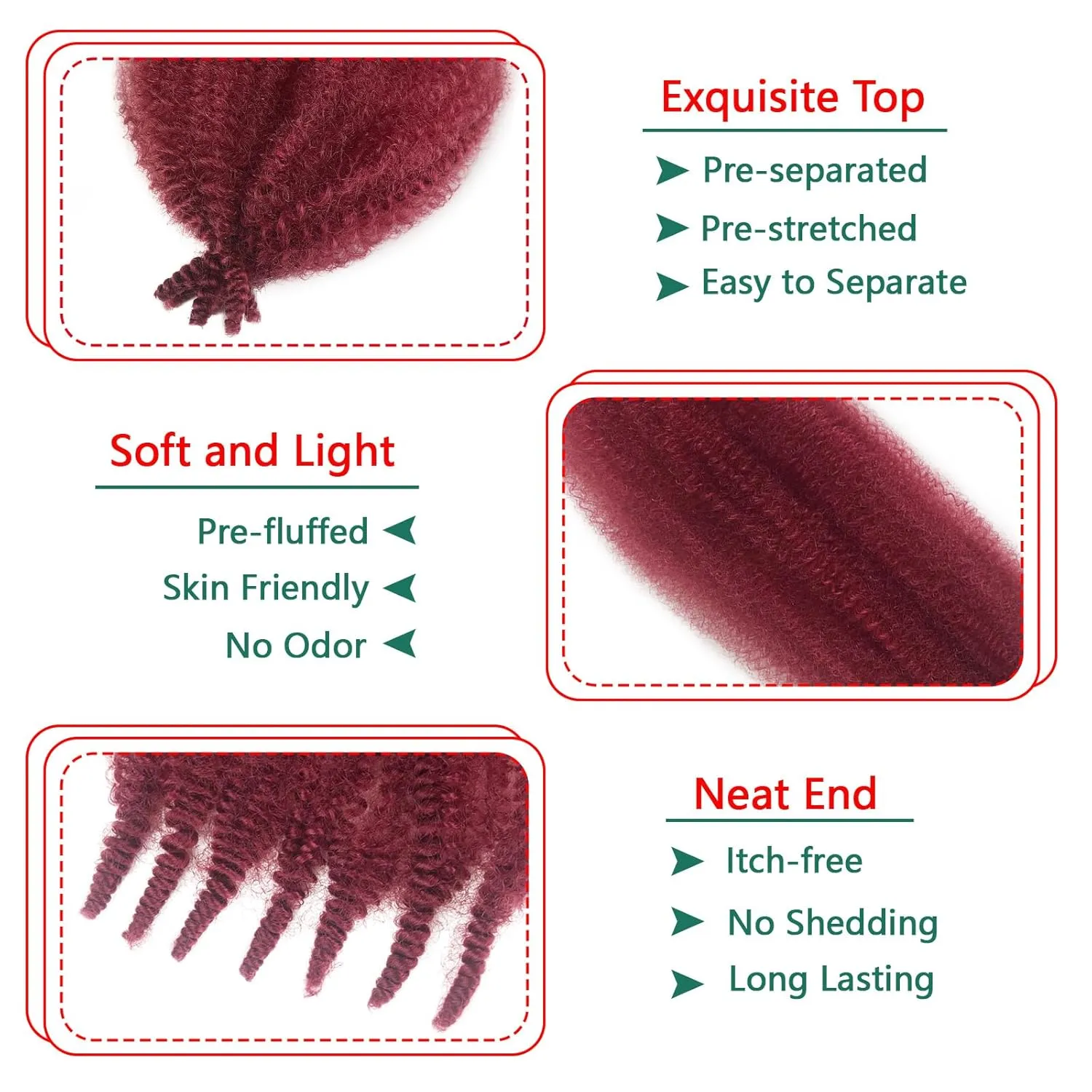 Kinky Braiding Hair Burgundy Springy Afro Twist 24 Inch Marley Hair for Passion Twist Crochet 8 Packs BUG Afro Spring Twist Hair for Black Women