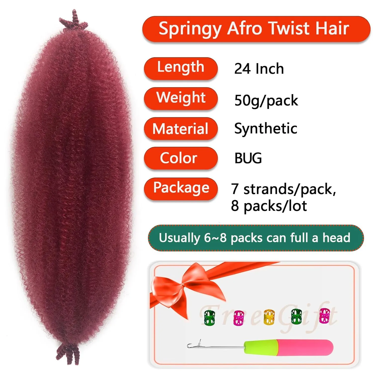 Kinky Braiding Hair Burgundy Springy Afro Twist 24 Inch Marley Hair for Passion Twist Crochet 8 Packs BUG Afro Spring Twist Hair for Black Women