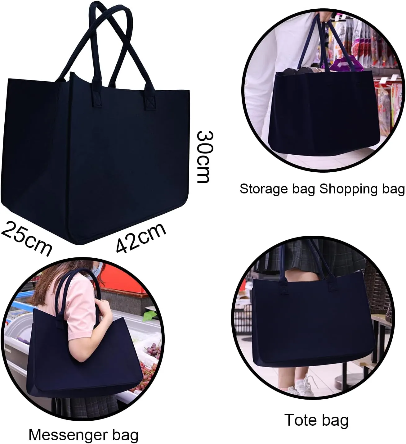 Kitchen Reusable Grocery Bags Felt Tote Bags 3pcs for Grocery Shopping Felt Bags (16"x12"x10", Dark Grey)