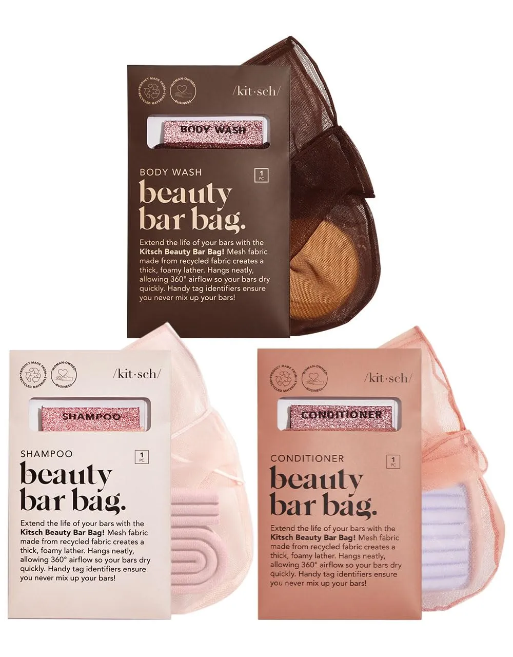 Kitsch Bar Soap Saver Bag – Recycled Mesh Beauty Bar Pouch for Body Wash, Conditioner & Shampoo Bars, Holder to Preserve Soap, Eco-Friendly, Patented Bag, 3pc Set - Blush, Terracotta & Chocolate
