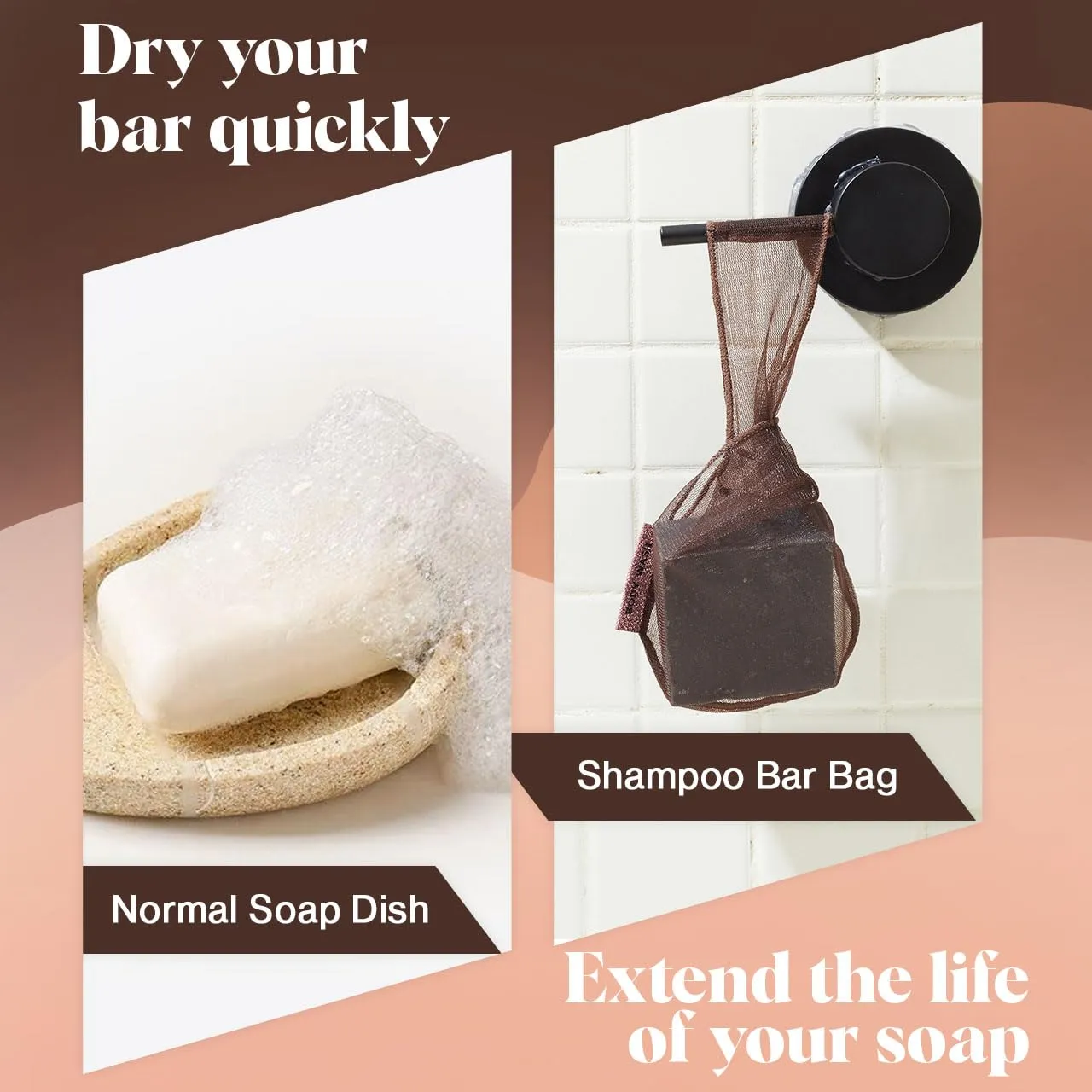 Kitsch Bar Soap Saver Bag – Recycled Mesh Beauty Bar Pouch for Body Wash, Conditioner & Shampoo Bars, Holder to Preserve Soap, Eco-Friendly, Patented Bag, 3pc Set - Blush, Terracotta & Chocolate