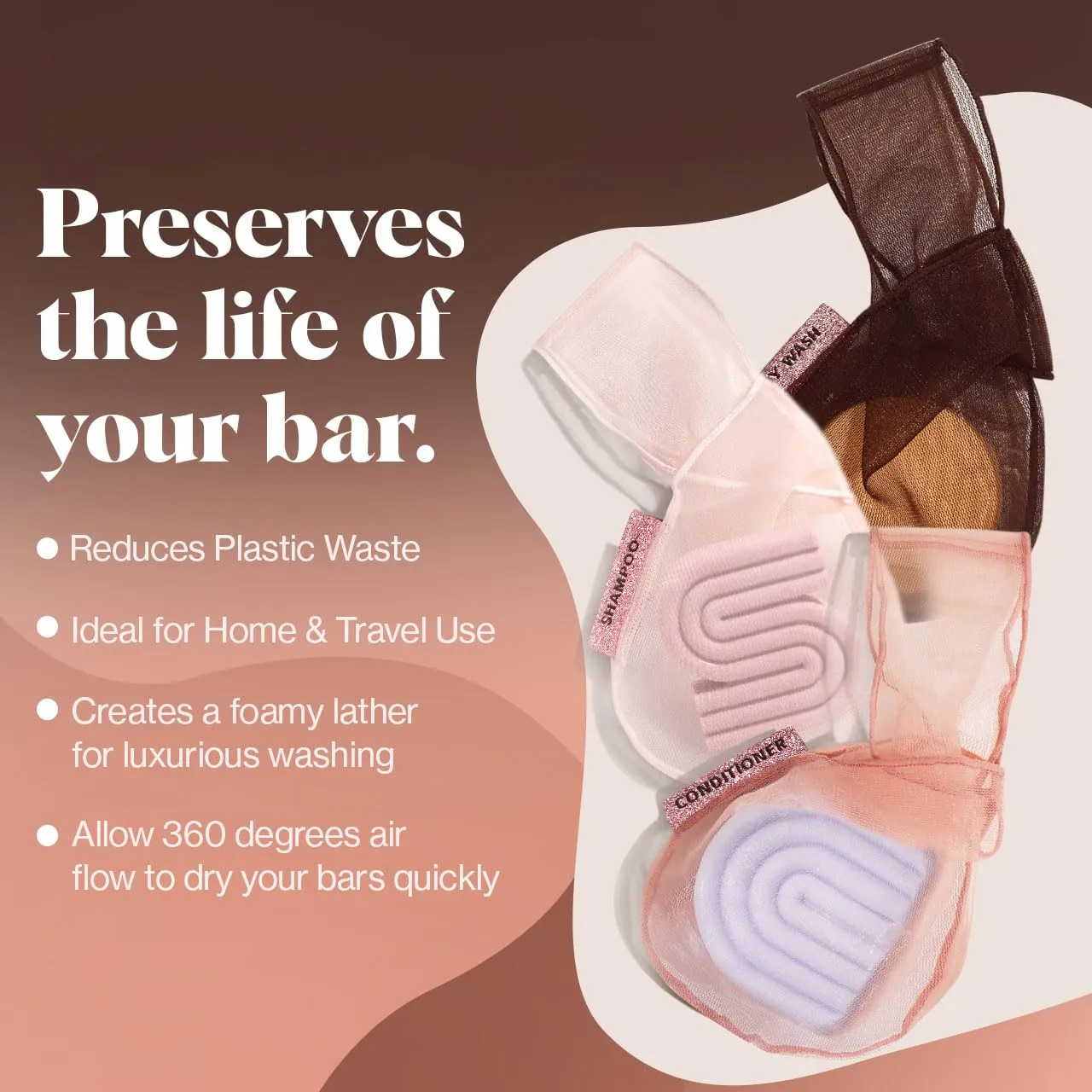 Kitsch Bar Soap Saver Bag – Recycled Mesh Beauty Bar Pouch for Body Wash, Conditioner & Shampoo Bars, Holder to Preserve Soap, Eco-Friendly, Patented Bag, 3pc Set - Blush, Terracotta & Chocolate