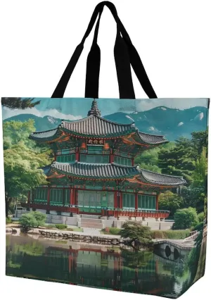 Korean Architecture Palace of Koreas Reusable Tote Bag Large Capacity Grocery Shopping Bags with Handles