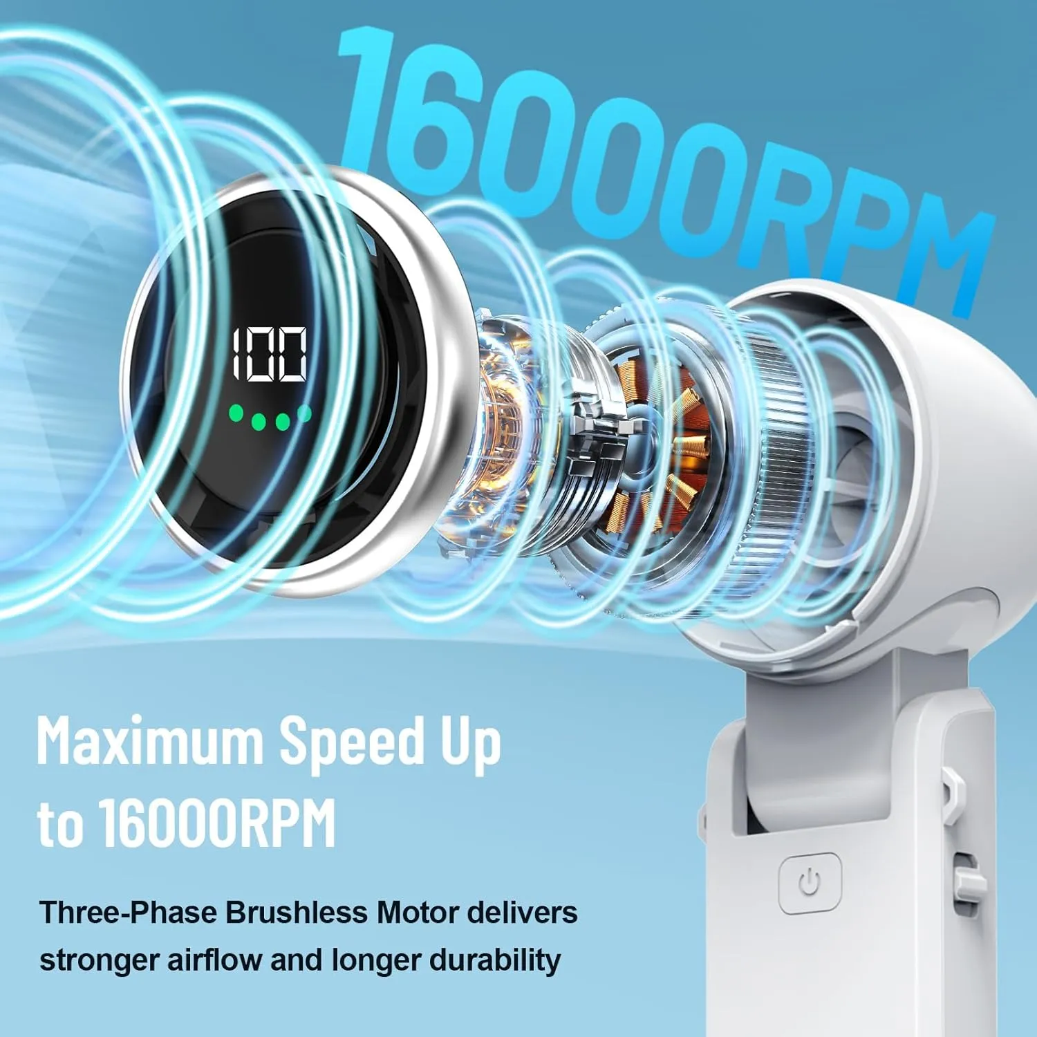 Kuesuny 16000RPM Ultra-Powerful Handheld Fan with 6000mAh Rechargeable Battery, 1-100 Speed Wind Adjustable, 180 Foldable Cooling Fan for Travel, Outdoor, Office, or Home Use in White