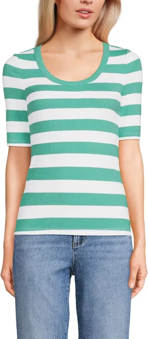 Lands' End Women's Plus Size Drapey Rib Fitted Elbow Sleeve Scoop Neck Tee