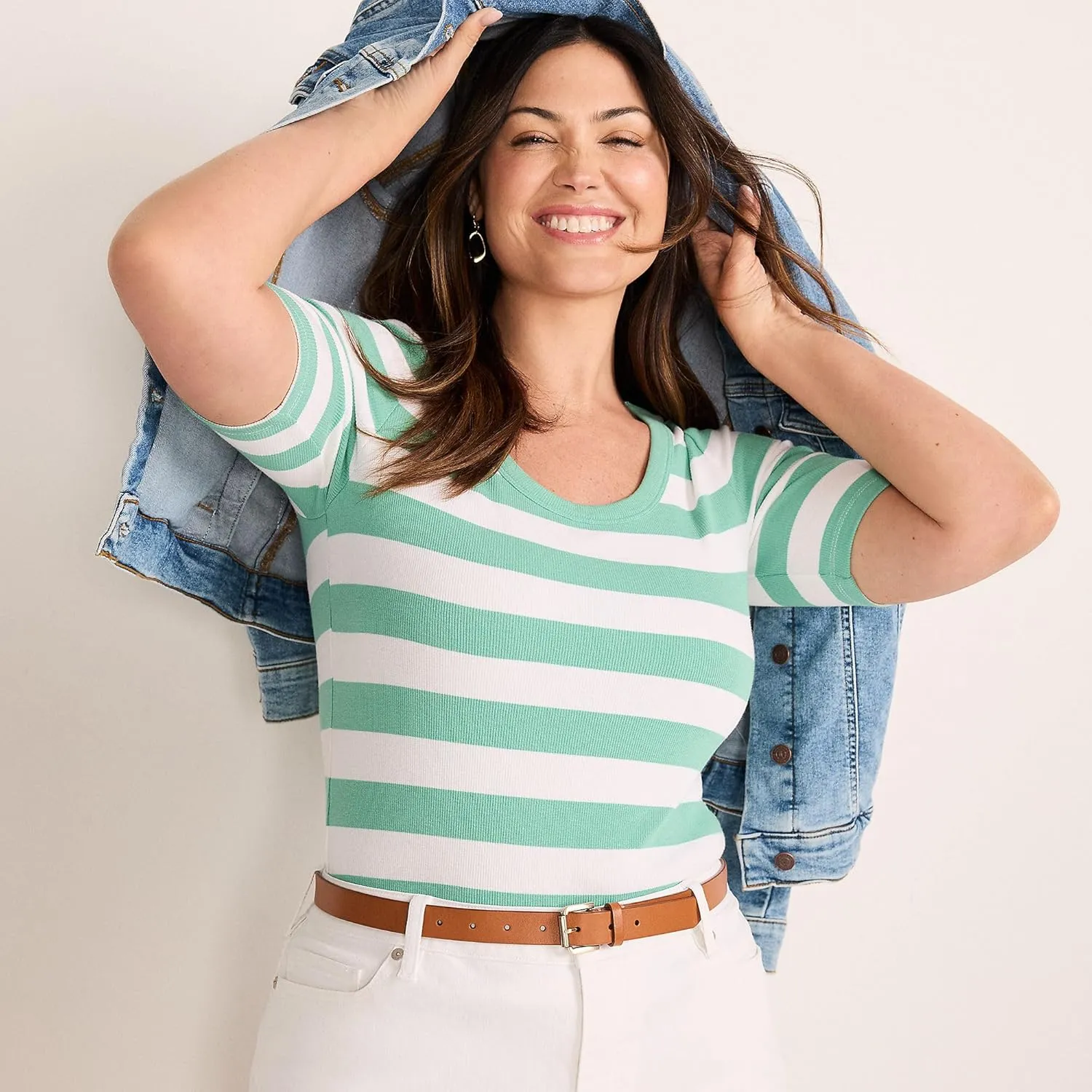 Lands' End Women's Plus Size Drapey Rib Fitted Elbow Sleeve Scoop Neck Tee