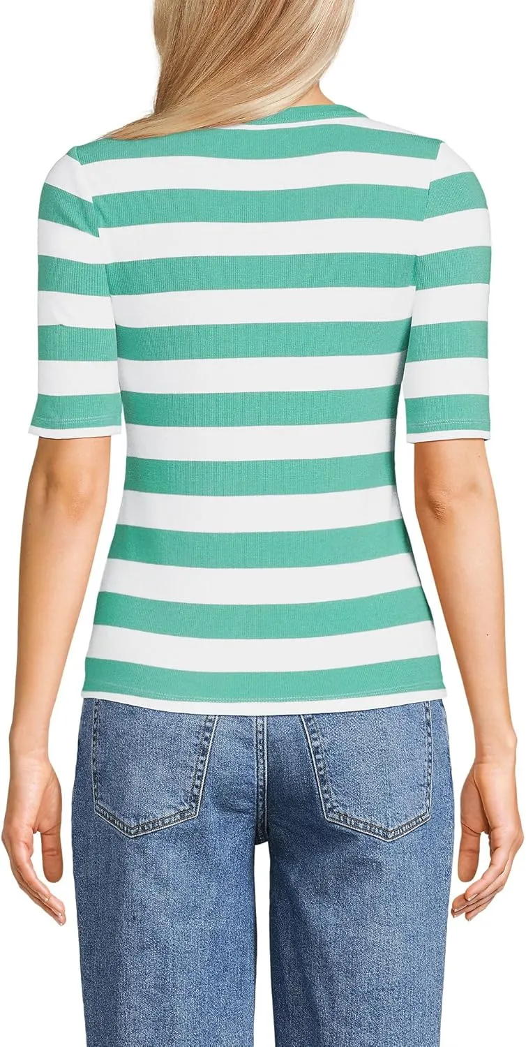 Lands' End Women's Plus Size Drapey Rib Fitted Elbow Sleeve Scoop Neck Tee