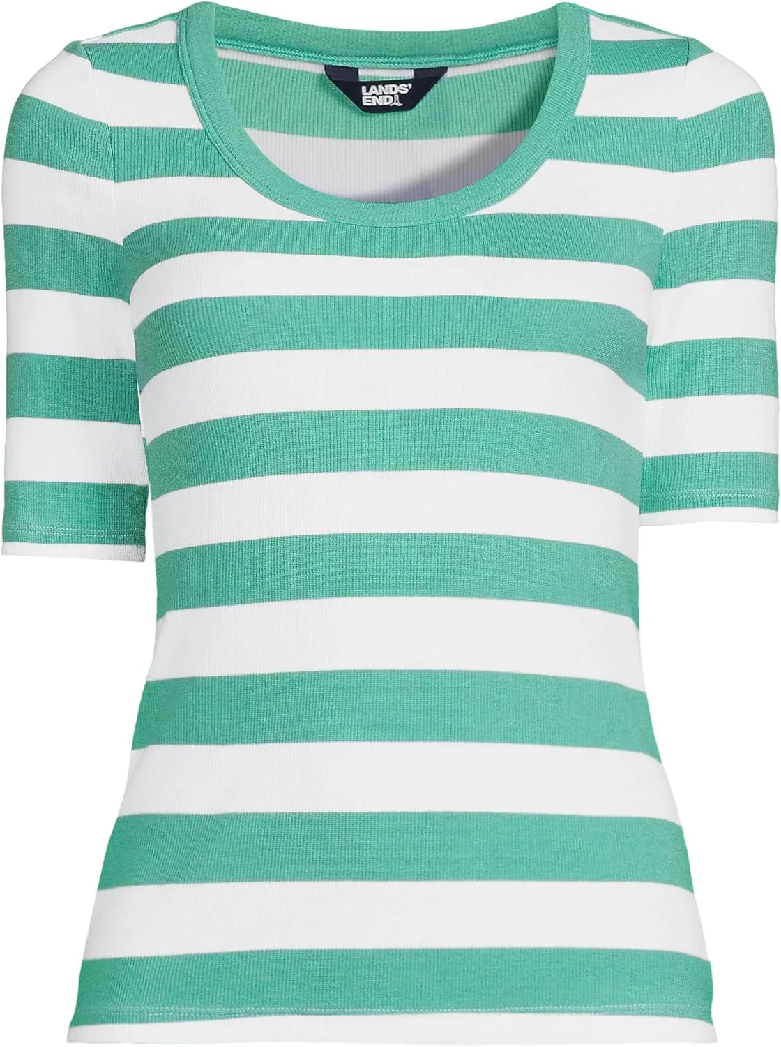 Lands' End Women's Plus Size Drapey Rib Fitted Elbow Sleeve Scoop Neck Tee