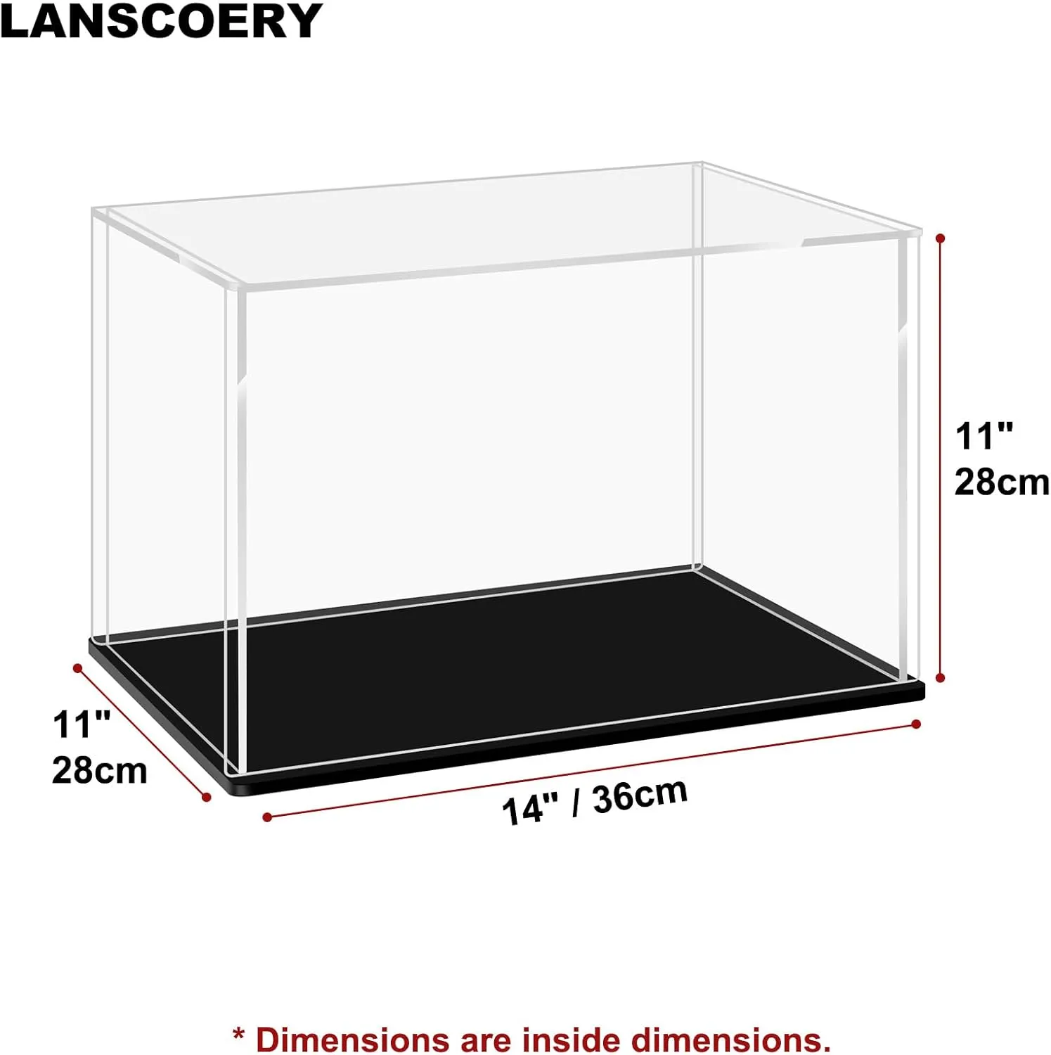LANSCOERY Clear Acrylic Display Case, Assemble Horizontal Display Box Stand with Black Base, Dustproof Protection Showcase for Collectibles Memorabilia Figurines (14x11x11inch;36x28x28cm)