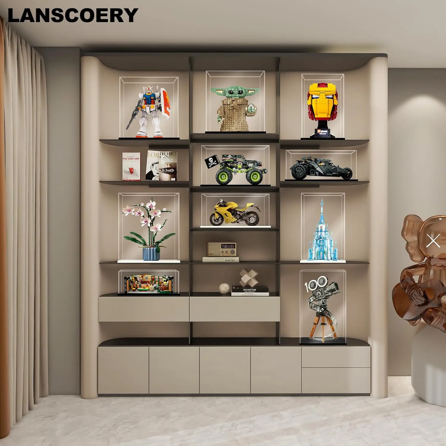 LANSCOERY Clear Acrylic Display Case, Assemble Horizontal Display Box Stand with Black Base, Dustproof Protection Showcase for Collectibles Memorabilia Figurines (14x11x11inch;36x28x28cm)